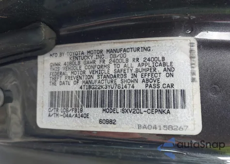 2000 Toyota Camry Le z USA, uszkodzony, nr VIN 4T1BG22K3YU761474